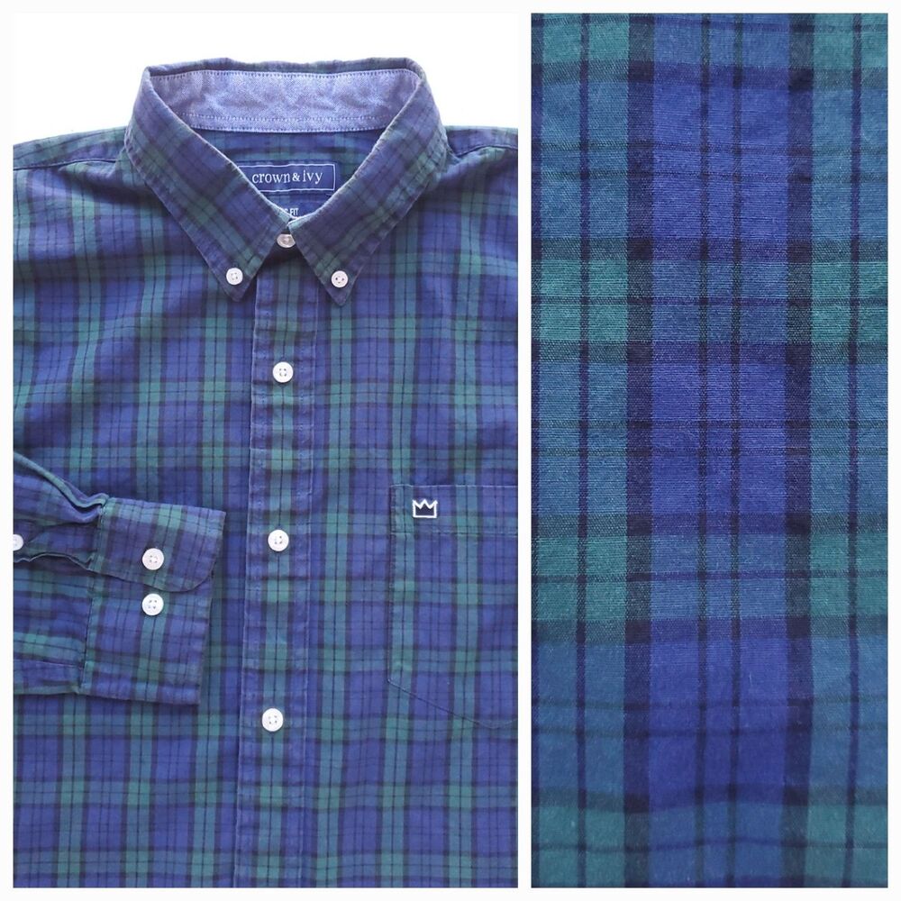 Mens Black Watch Tartan Plaid Long Sleeve Shirt Size M Button Down Cotton Blend